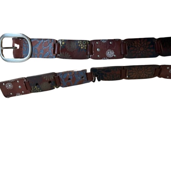 Vintage Leather Floral Stamped and Link Patchwork Style Belt Hippie Boho sz L - Picture 2 of 10